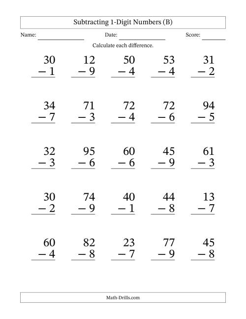 Large Print Subtracting 1-Digit Numbers with All Regrouping (B)