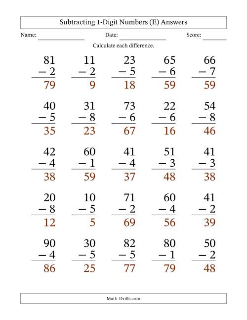 large print subtracting 1 digit numbers with all