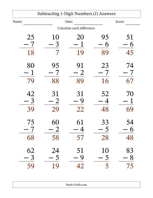 Large Print Subtracting 1-Digit Numbers with All Regrouping (J)