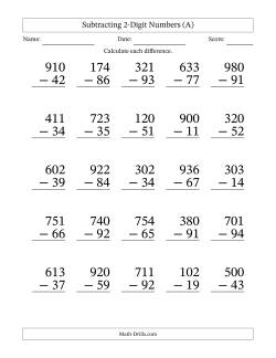 Subtracting 2-Digit Numbers With All Regrouping (25 Questions) Large Print