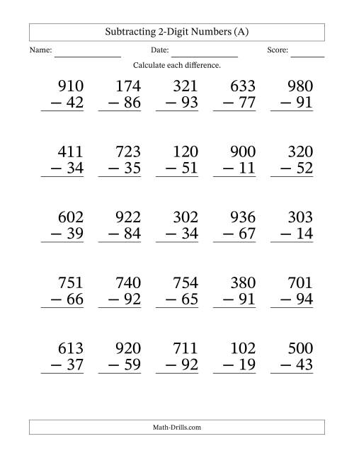 The Subtracting 2-Digit Numbers With All Regrouping (25 Questions) Large Print (A) Math Worksheet
