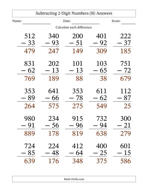 Large Print Subtracting 2-Digit Numbers with All Regrouping (B)