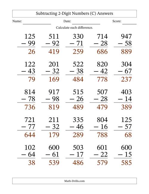 Subtracting 2-Digit Numbers With All Regrouping (25 Questions) Large ...