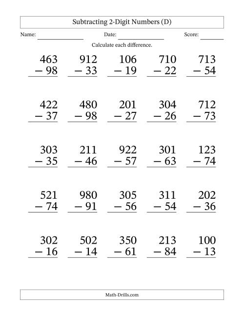 Large Print Subtracting 2-Digit Numbers with All Regrouping (D)