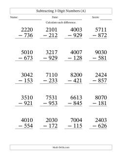 Subtracting 3-Digit Numbers With All Regrouping (20 Questions) Large Print
