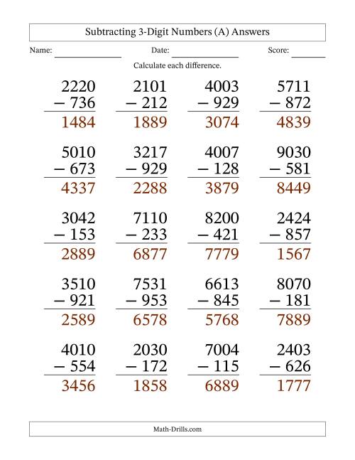 large print subtracting 3 digit numbers with all