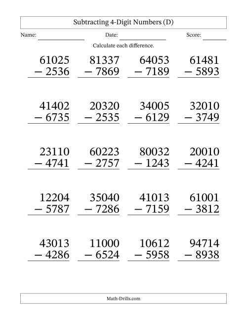 The Subtracting 4-Digit Numbers With All Regrouping (20 Questions) Large Print (D) Math Worksheet