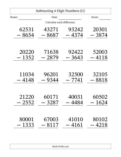 The Subtracting 4-Digit Numbers With All Regrouping (20 Questions) Large Print (G) Math Worksheet