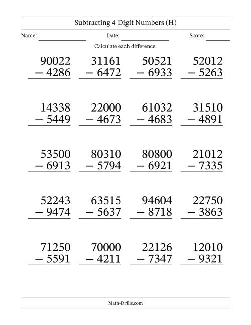 Large Print Subtracting 4-Digit Numbers with All Regrouping (H)