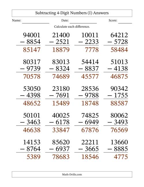 large print subtracting 4 digit numbers with all