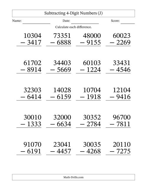 The Subtracting 4-Digit Numbers With All Regrouping (20 Questions) Large Print (J) Math Worksheet
