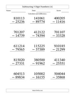 Subtracting 5-Digit Numbers With All Regrouping (15 Questions) Large Print