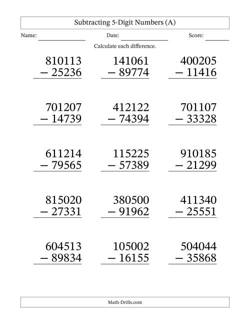 Subtraction Five Digit Numbers Worksheets