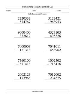 Subtracting 6-Digit Numbers With All Regrouping (10 Questions) Large Print