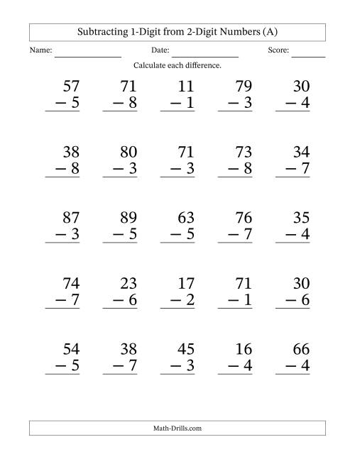 The Subtracting 1-Digit from 2-Digit Numbers With Some Regrouping (25 Questions) Large Print (A) Math Worksheet