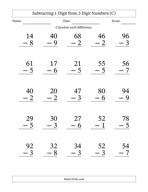 The Subtracting 1-Digit from 2-Digit Numbers With Some Regrouping (25 Questions) Large Print (C) Math Worksheet