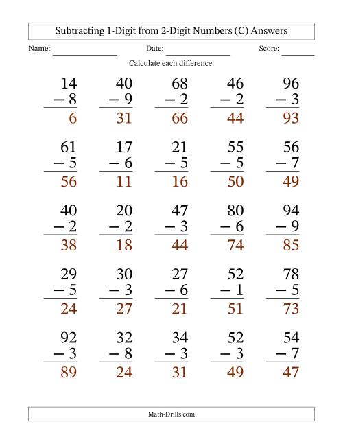 The Subtracting 1-Digit from 2-Digit Numbers With Some Regrouping (25 Questions) Large Print (C) Math Worksheet Page 2