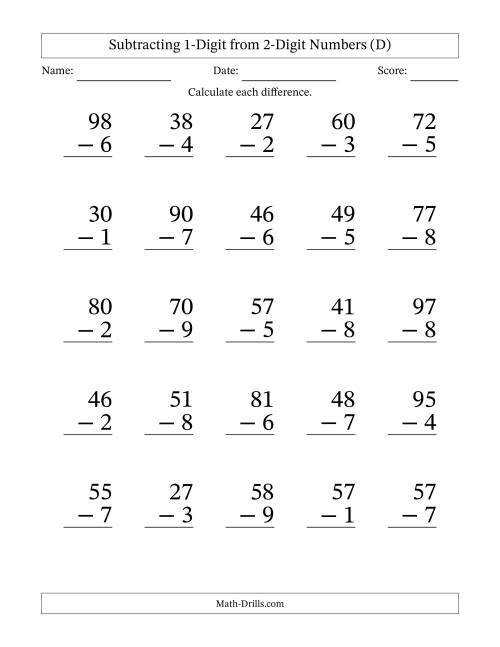 The Subtracting 1-Digit from 2-Digit Numbers With Some Regrouping (25 Questions) Large Print (D) Math Worksheet