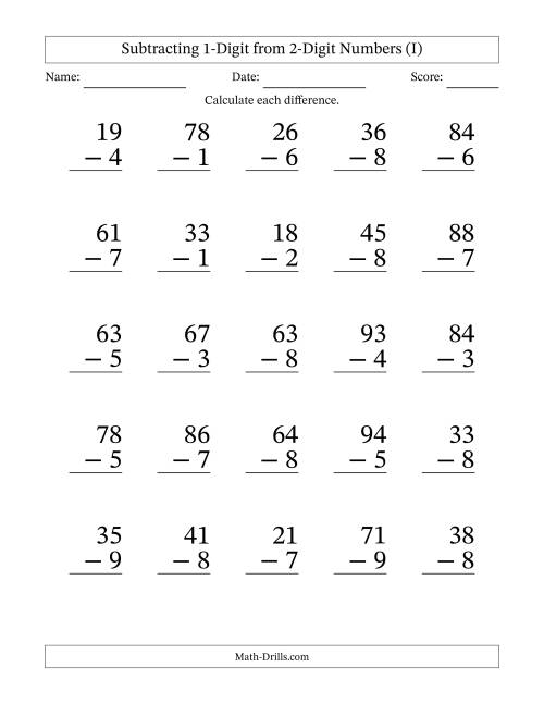 The Subtracting 1-Digit from 2-Digit Numbers With Some Regrouping (25 Questions) Large Print (I) Math Worksheet