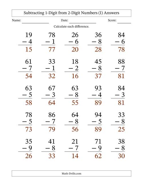 The Subtracting 1-Digit from 2-Digit Numbers With Some Regrouping (25 Questions) Large Print (I) Math Worksheet Page 2