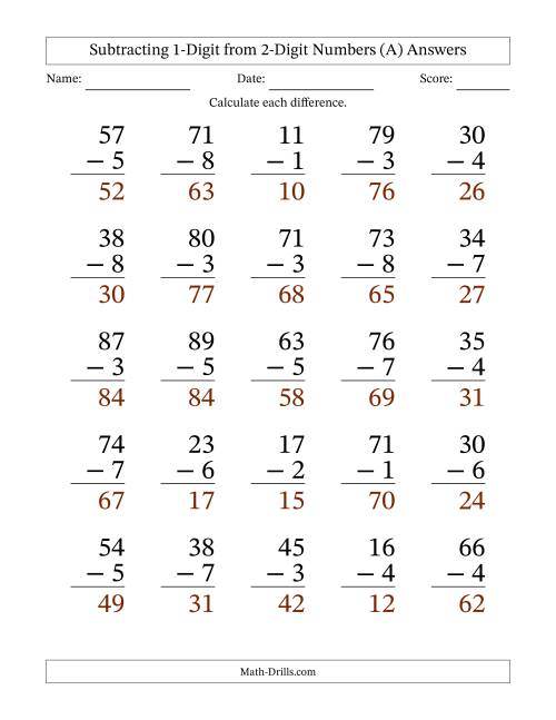 The Subtracting 1-Digit from 2-Digit Numbers With Some Regrouping (25 Questions) Large Print (All) Math Worksheet Page 2