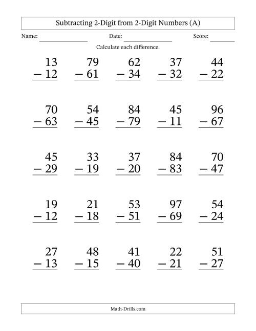 The Subtracting 2-Digit from 2-Digit Numbers With Some Regrouping (25 Questions) Large Print (A) Math Worksheet