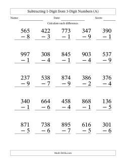 Subtracting 1-Digit from 3-Digit Numbers With Some Regrouping (25 Questions) Large Print