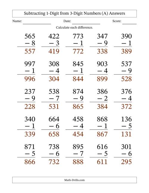 The Subtracting 1-Digit from 3-Digit Numbers With Some Regrouping (25 Questions) Large Print (A) Math Worksheet Page 2