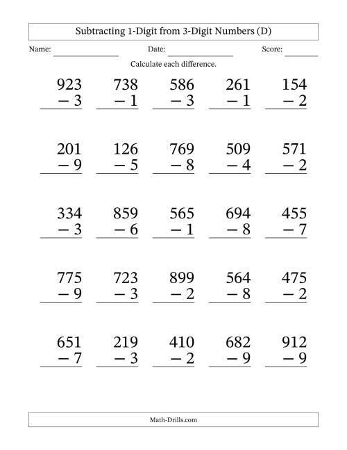 The Subtracting 1-Digit from 3-Digit Numbers With Some Regrouping (25 Questions) Large Print (D) Math Worksheet