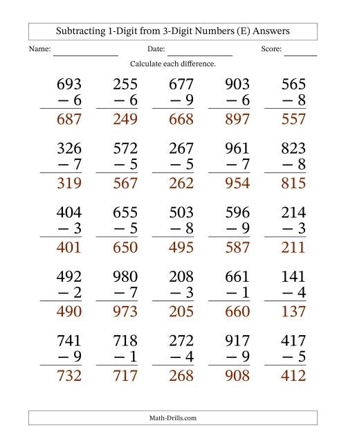 The Subtracting 1-Digit from 3-Digit Numbers With Some Regrouping (25 Questions) Large Print (E) Math Worksheet Page 2