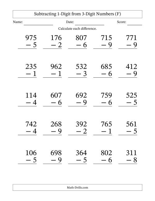The Subtracting 1-Digit from 3-Digit Numbers With Some Regrouping (25 Questions) Large Print (F) Math Worksheet