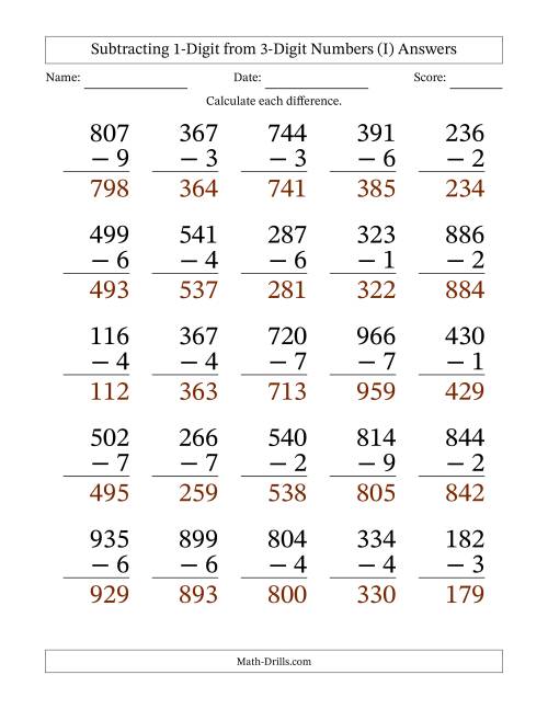 The Subtracting 1-Digit from 3-Digit Numbers With Some Regrouping (25 Questions) Large Print (I) Math Worksheet Page 2
