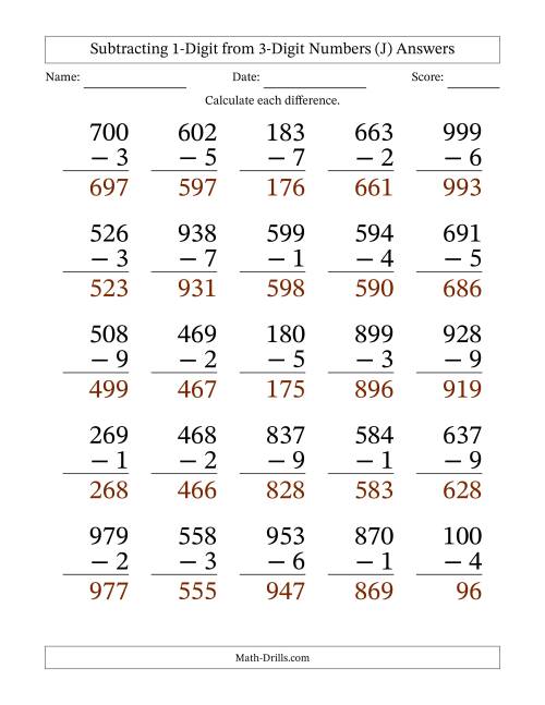 The Subtracting 1-Digit from 3-Digit Numbers With Some Regrouping (25 Questions) Large Print (J) Math Worksheet Page 2
