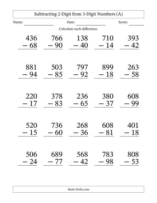 The Subtracting 2-Digit from 3-Digit Numbers With Some Regrouping (25 Questions) Large Print (A) Math Worksheet