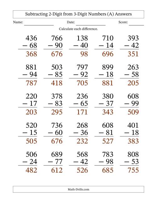 The Subtracting 2-Digit from 3-Digit Numbers With Some Regrouping (25 Questions) Large Print (A) Math Worksheet Page 2