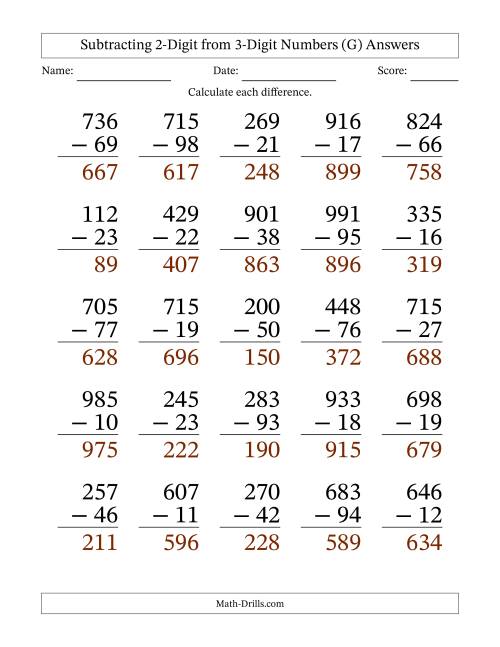 Large Print 3-Digit Minus 2-Digit Subtraction (G)