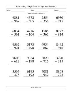 Subtracting 3-Digit from 4-Digit Numbers With Some Regrouping (20 Questions) Large Print