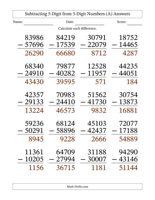 large print 5 digit minus 5 digit subtraction a