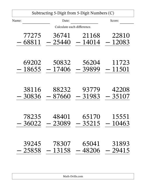 The Subtracting 5-Digit from 5-Digit Numbers With Some Regrouping (20 Questions) Large Print (C) Math Worksheet