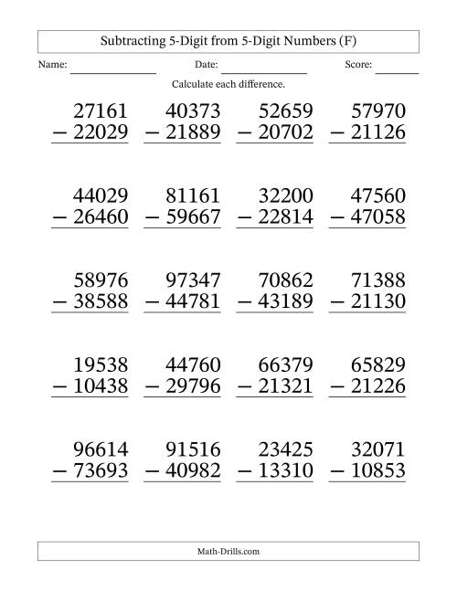 The Subtracting 5-Digit from 5-Digit Numbers With Some Regrouping (20 Questions) Large Print (F) Math Worksheet