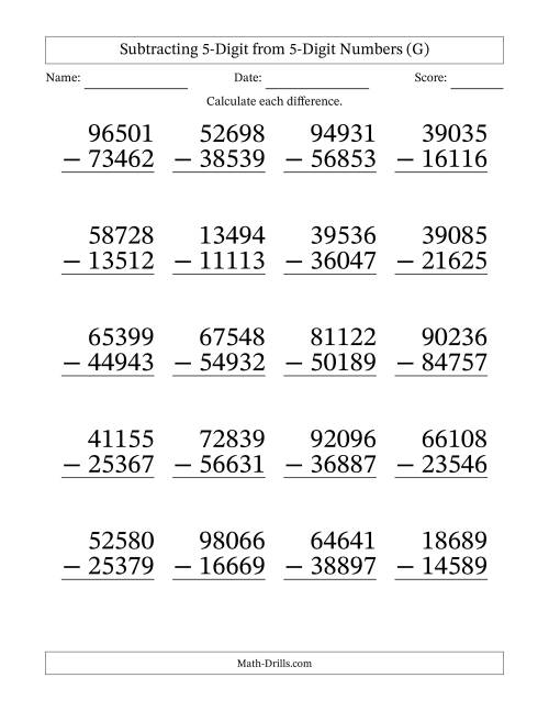 The Subtracting 5-Digit from 5-Digit Numbers With Some Regrouping (20 Questions) Large Print (G) Math Worksheet