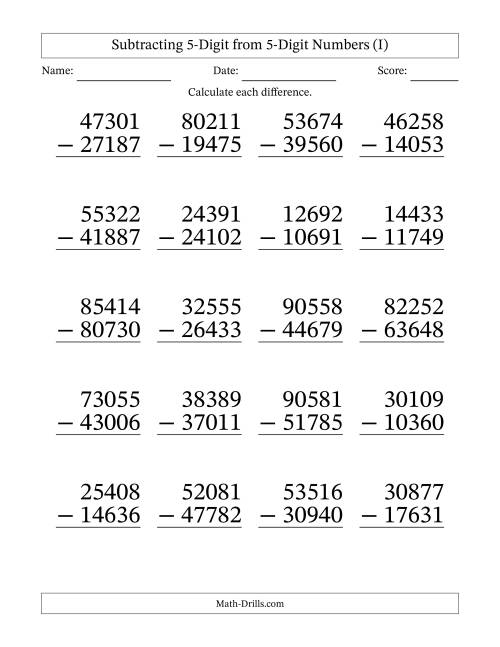 The Subtracting 5-Digit from 5-Digit Numbers With Some Regrouping (20 Questions) Large Print (I) Math Worksheet