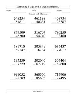 Subtracting 5-Digit from 6-Digit Numbers With Some Regrouping (15 Questions) Large Print