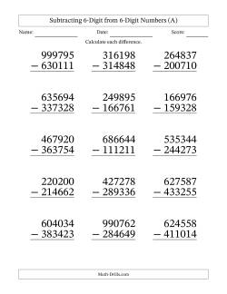 Subtracting 6-Digit from 6-Digit Numbers With Some Regrouping (15 Questions) Large Print
