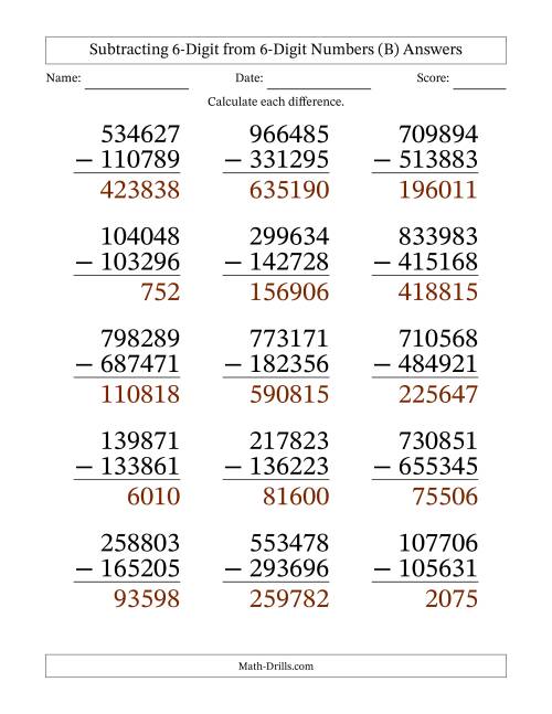 Large Print 6-Digit Minus 6-Digit Subtraction (B)