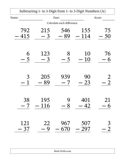 The Subtracting 1- to 3-Digit from 1- to 3-Digit Numbers With Some Regrouping (25 Questions) Large Print (A) Math Worksheet