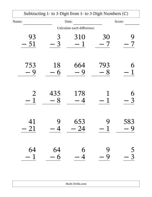 Large Print Various-Digit Minus Various-Digit Subtraction (C)