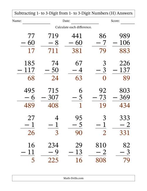 Subtracting 1- to 3-Digit from 1- to 3-Digit Numbers With Some ...