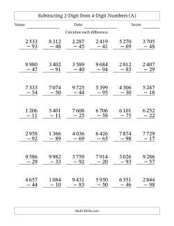 Subtracting 2-Digit from 4-Digit Numbers With Some Regrouping (42 Questions) (Space Separated Thousands)