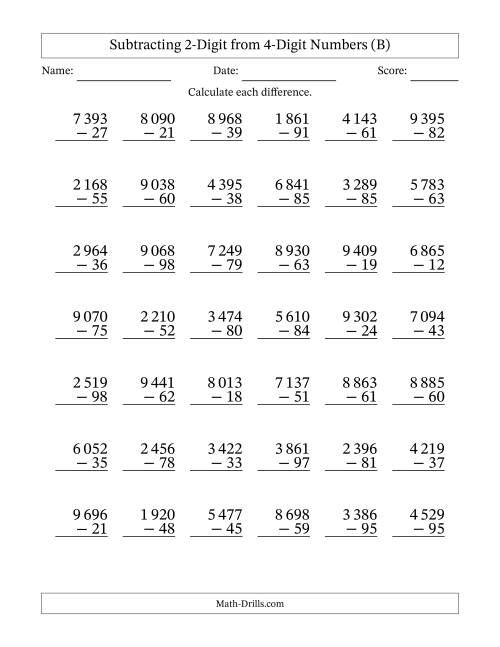 The Subtracting 2-Digit from 4-Digit Numbers With Some Regrouping (42 Questions) (Space Separated Thousands) (B) Math Worksheet